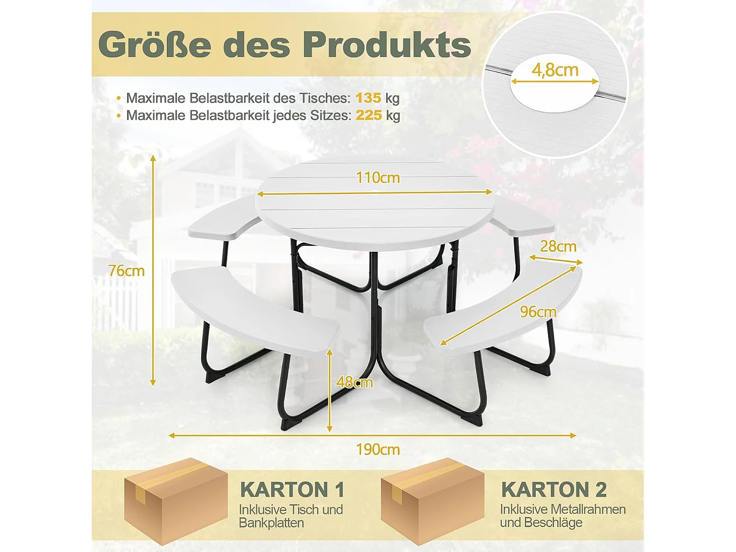 Zitgarnituur voor 8 personen, picknicktafel met parasolgat en 4 banken, ronde tuintafel, tuingarnituur, tuinmeubelen, zitgroep voor tuin, terras (wit) ZB33486