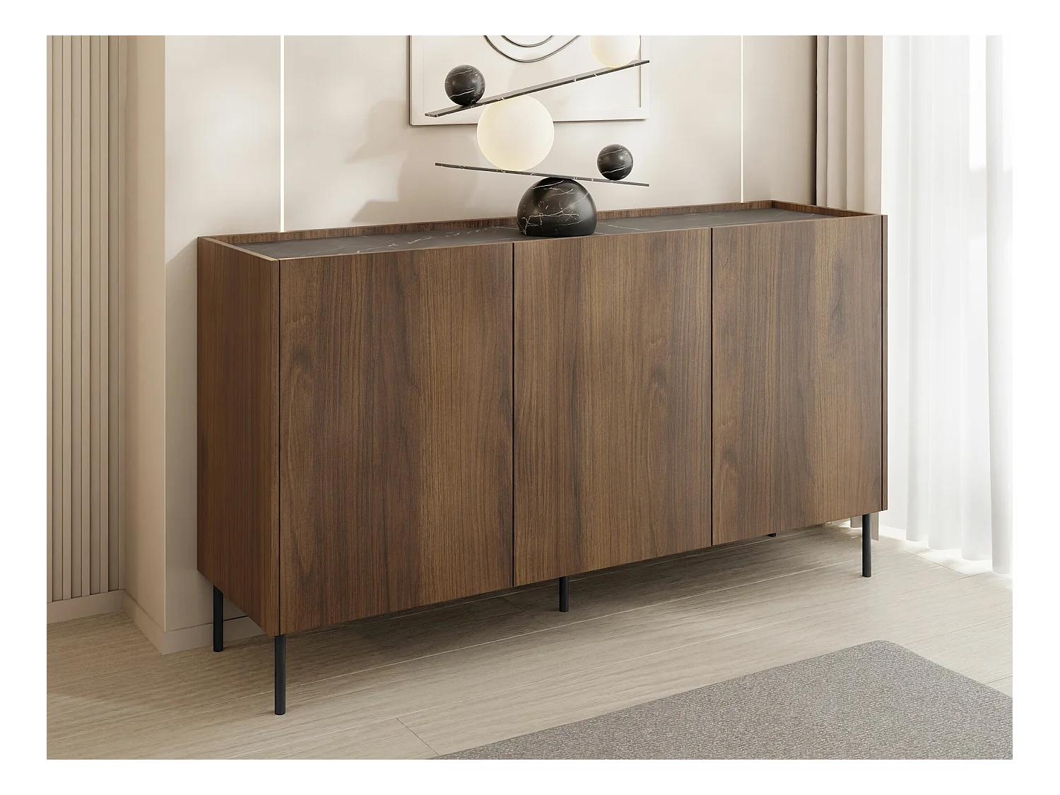 Buffet Comfivo Belviro 100, Noyer|Marbre noir, 78x144x37cm, Stratifié