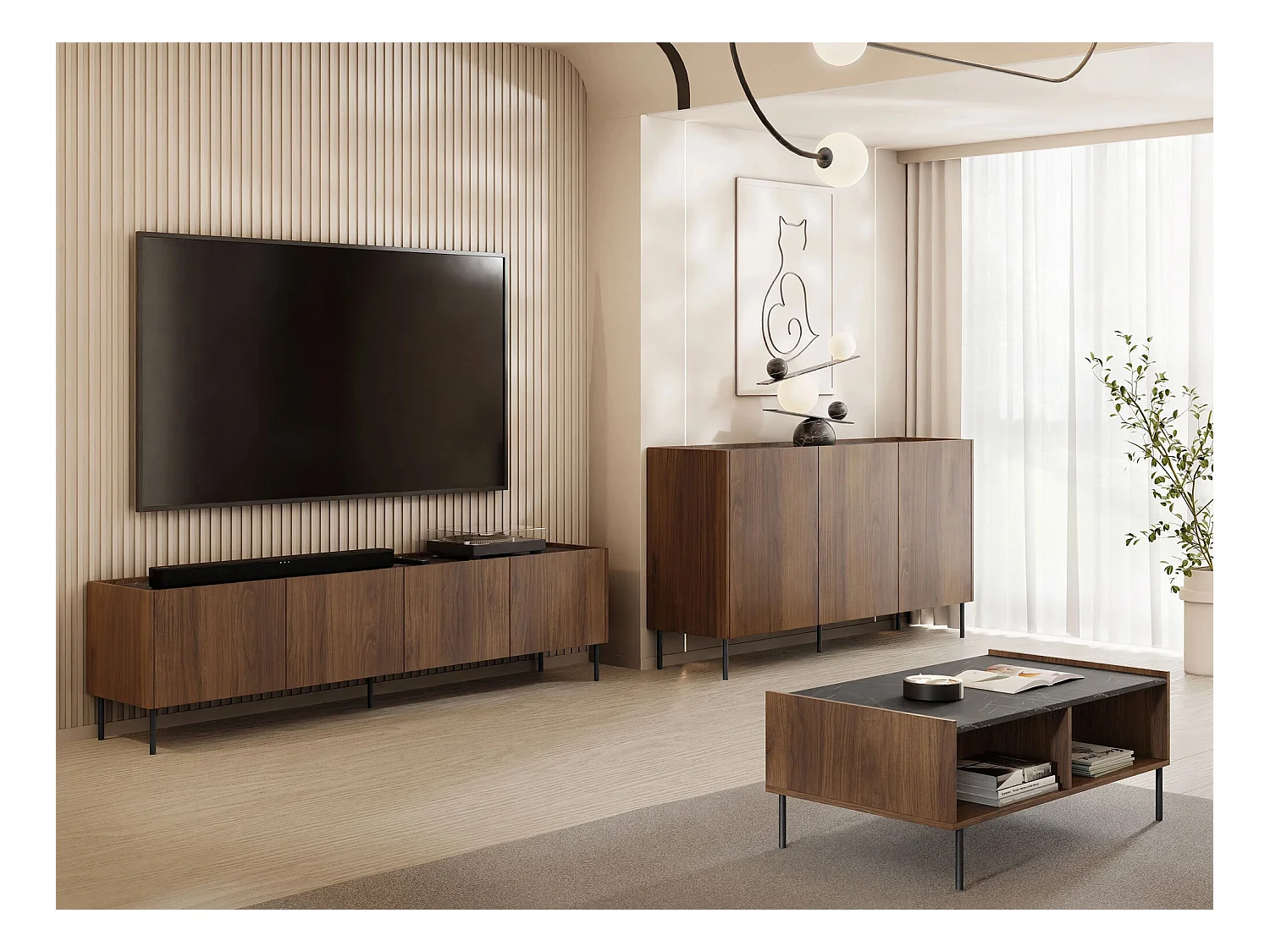 Buffet Comfivo Belviro 100, Noyer|Marbre noir, 78x144x37cm, Stratifié