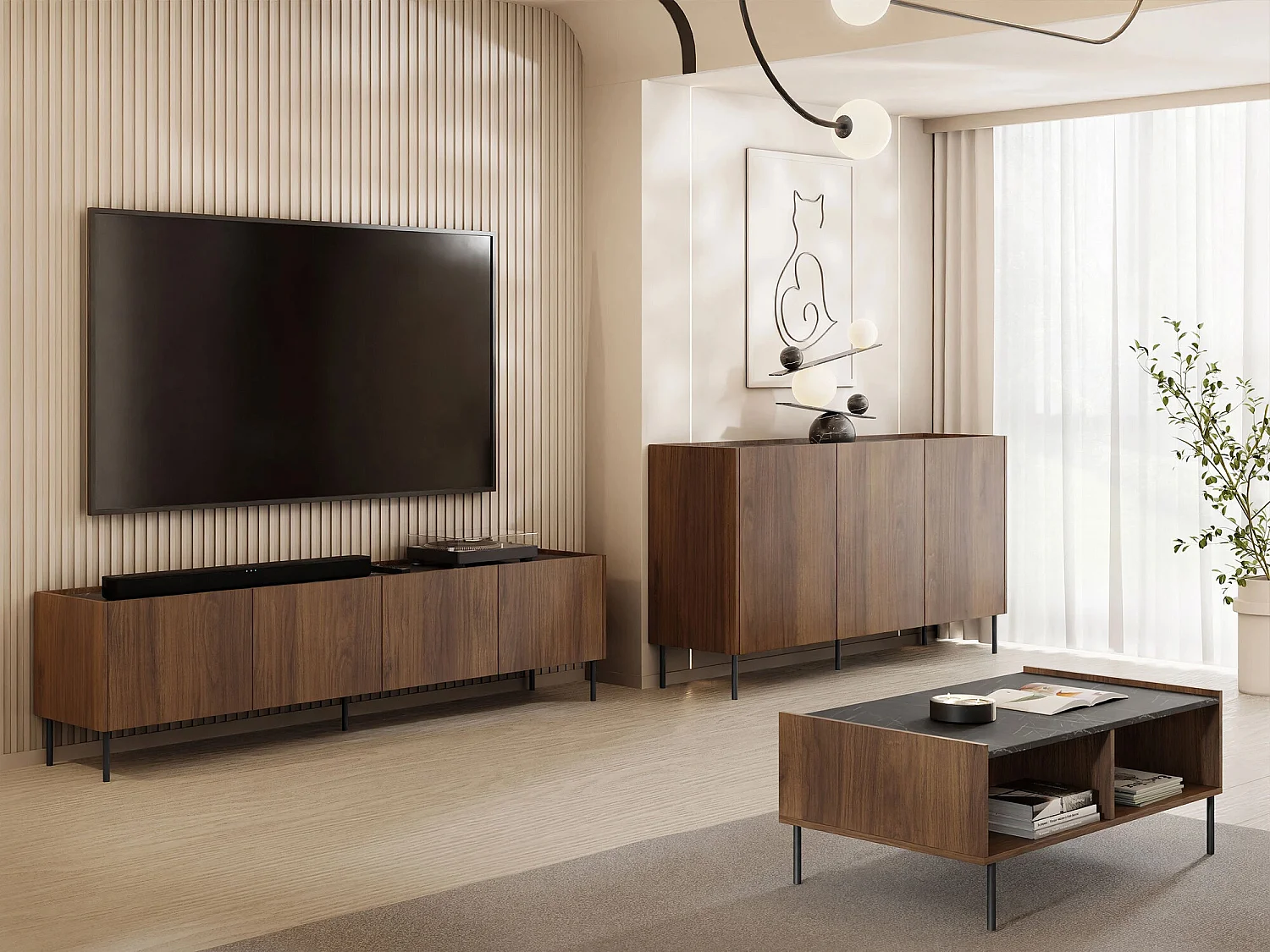 Buffet Comfivo Belviro 100, Marbre noir|Noyer, 78x144x37cm, Stratifié