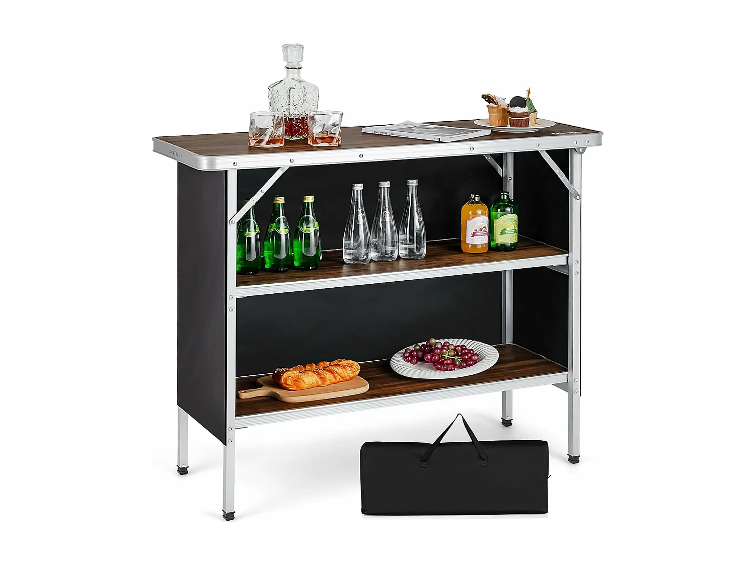 Opvouwbare Campingtafel, Aluminium Draagbare Picknicktafel met 2 verdiepingen Open Planken, Draagbare vouwtafel voor buitengebruik (Koffie) ZB32834