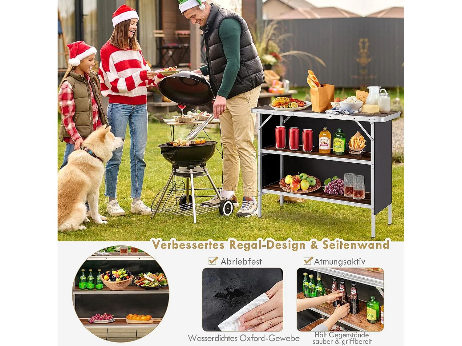 Opvouwbare Campingtafel, Aluminium Draagbare Picknicktafel met 2 verdiepingen Open Planken, Draagbare vouwtafel voor buitengebruik (Koffie) ZB32834