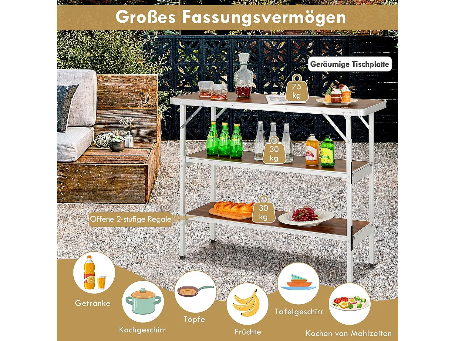 Opvouwbare Campingtafel, Aluminium Draagbare Picknicktafel met 2 verdiepingen Open Planken, Draagbare vouwtafel voor buitengebruik (Koffie) ZB32834
