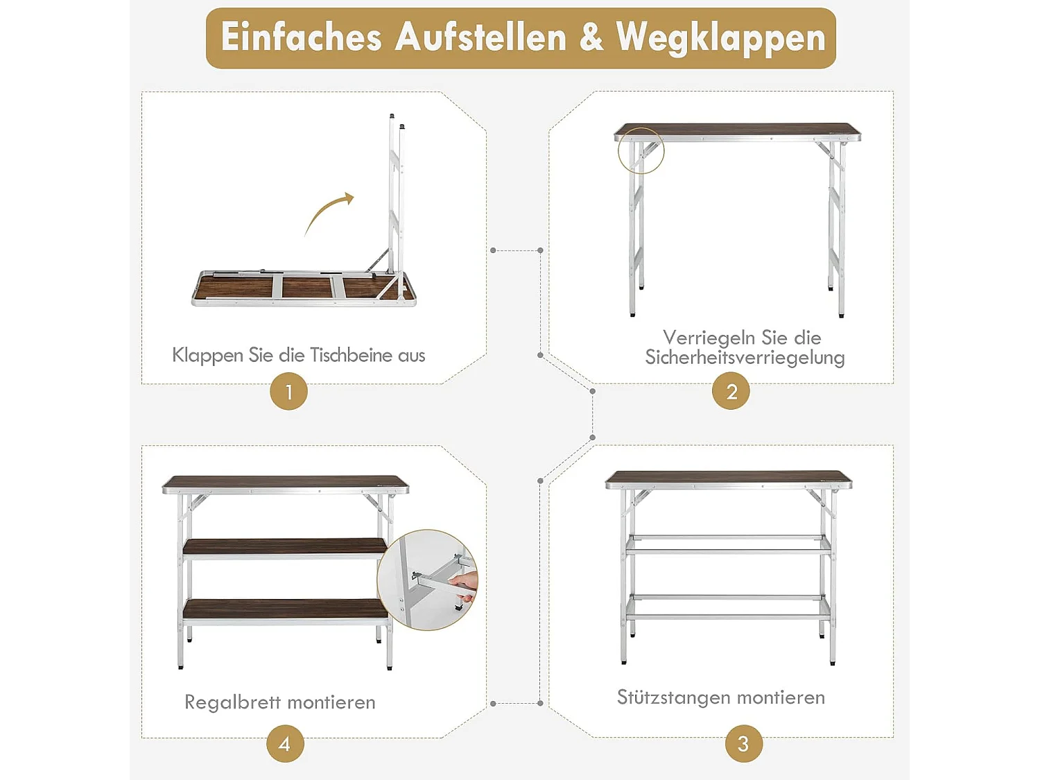 Opvouwbare Campingtafel, Aluminium Draagbare Picknicktafel met 2 verdiepingen Open Planken, Draagbare vouwtafel voor buitengebruik (Koffie) ZB32834