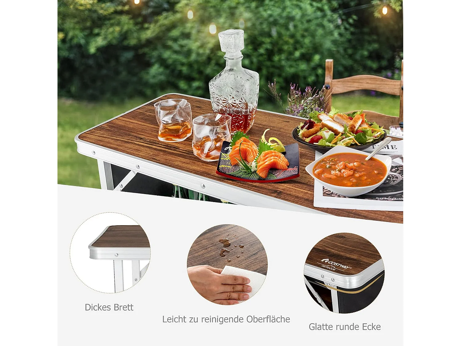 Opvouwbare Campingtafel, Aluminium Draagbare Picknicktafel met 2 verdiepingen Open Planken, Draagbare vouwtafel voor buitengebruik (Koffie) ZB32834