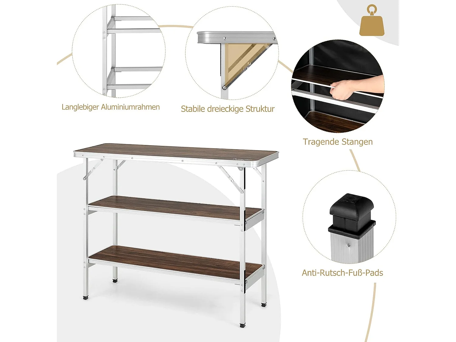 Opvouwbare Campingtafel, Aluminium Draagbare Picknicktafel met 2 verdiepingen Open Planken, Draagbare vouwtafel voor buitengebruik (Koffie) ZB32834