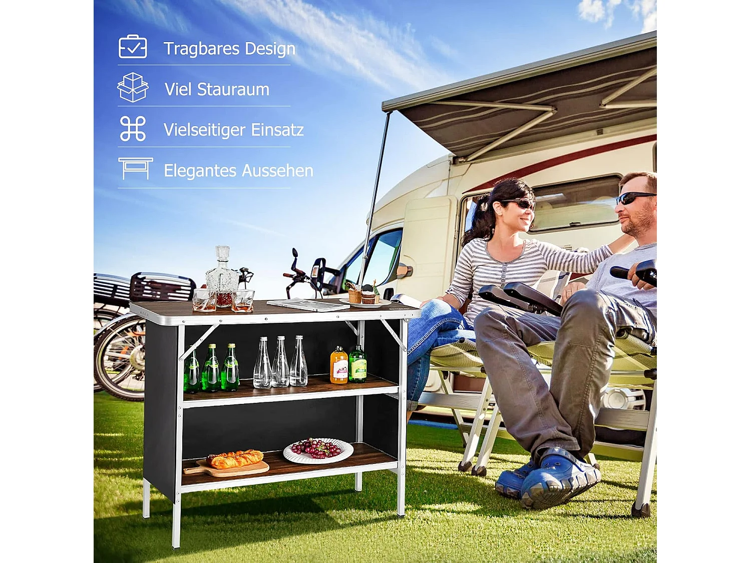 Opvouwbare Campingtafel, Aluminium Draagbare Picknicktafel met 2 verdiepingen Open Planken, Draagbare vouwtafel voor buitengebruik (Koffie) ZB32834