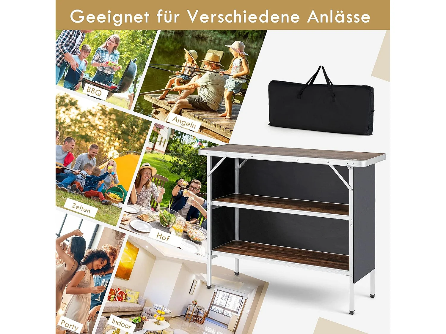 Opvouwbare Campingtafel, Aluminium Draagbare Picknicktafel met 2 verdiepingen Open Planken, Draagbare vouwtafel voor buitengebruik (Koffie) ZB32834