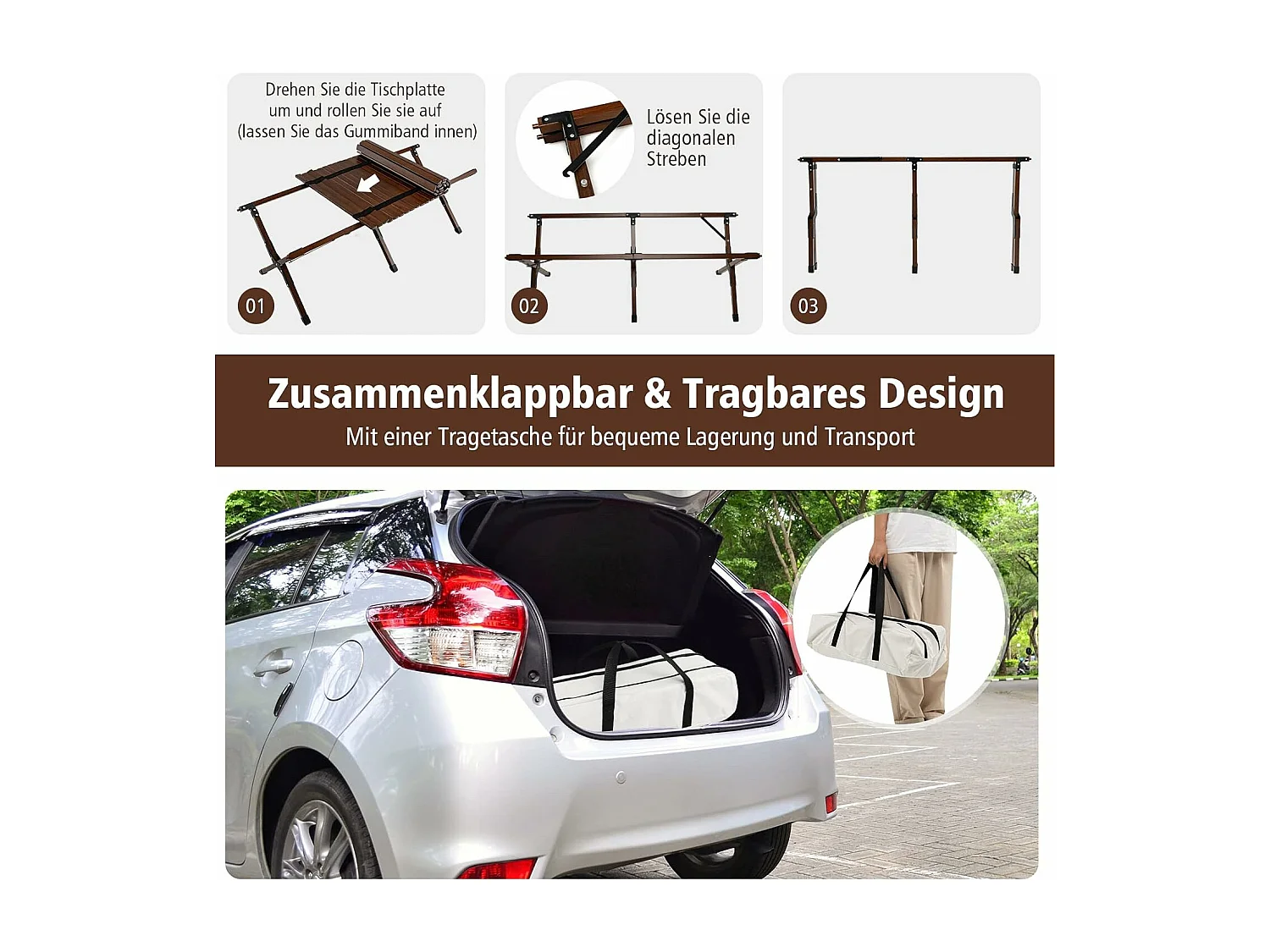 Oprolbare campingtafel van bamboe, inklapbare picknicktafel met draagtas, draagbare klaptafel voor camping, barbecue, picknick, tuin (koffie) ZB32909O