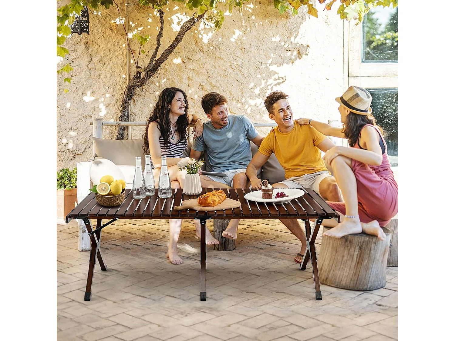 Oprolbare campingtafel van bamboe, inklapbare picknicktafel met draagtas, draagbare klaptafel voor camping, barbecue, picknick, tuin (koffie) ZB32909O