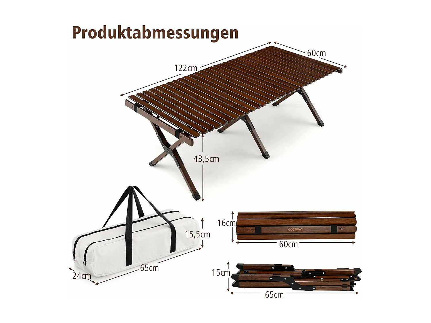Oprolbare campingtafel van bamboe, inklapbare picknicktafel met draagtas, draagbare klaptafel voor camping, barbecue, picknick, tuin (koffie) ZB32909O
