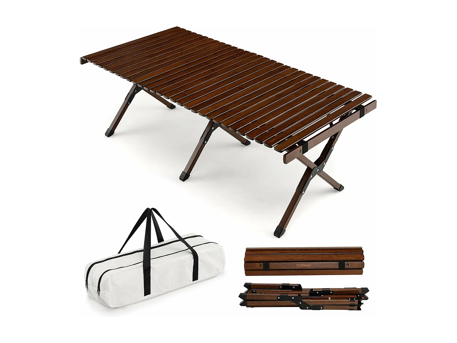 Oprolbare campingtafel van bamboe, inklapbare picknicktafel met draagtas, draagbare klaptafel voor camping, barbecue, picknick, tuin (koffie) ZB32909O