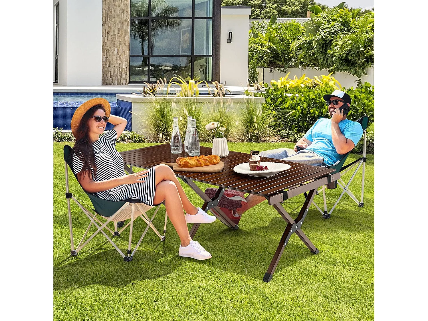 Oprolbare campingtafel van bamboe, inklapbare picknicktafel met draagtas, draagbare klaptafel voor camping, barbecue, picknick, tuin (koffie) ZB32909O