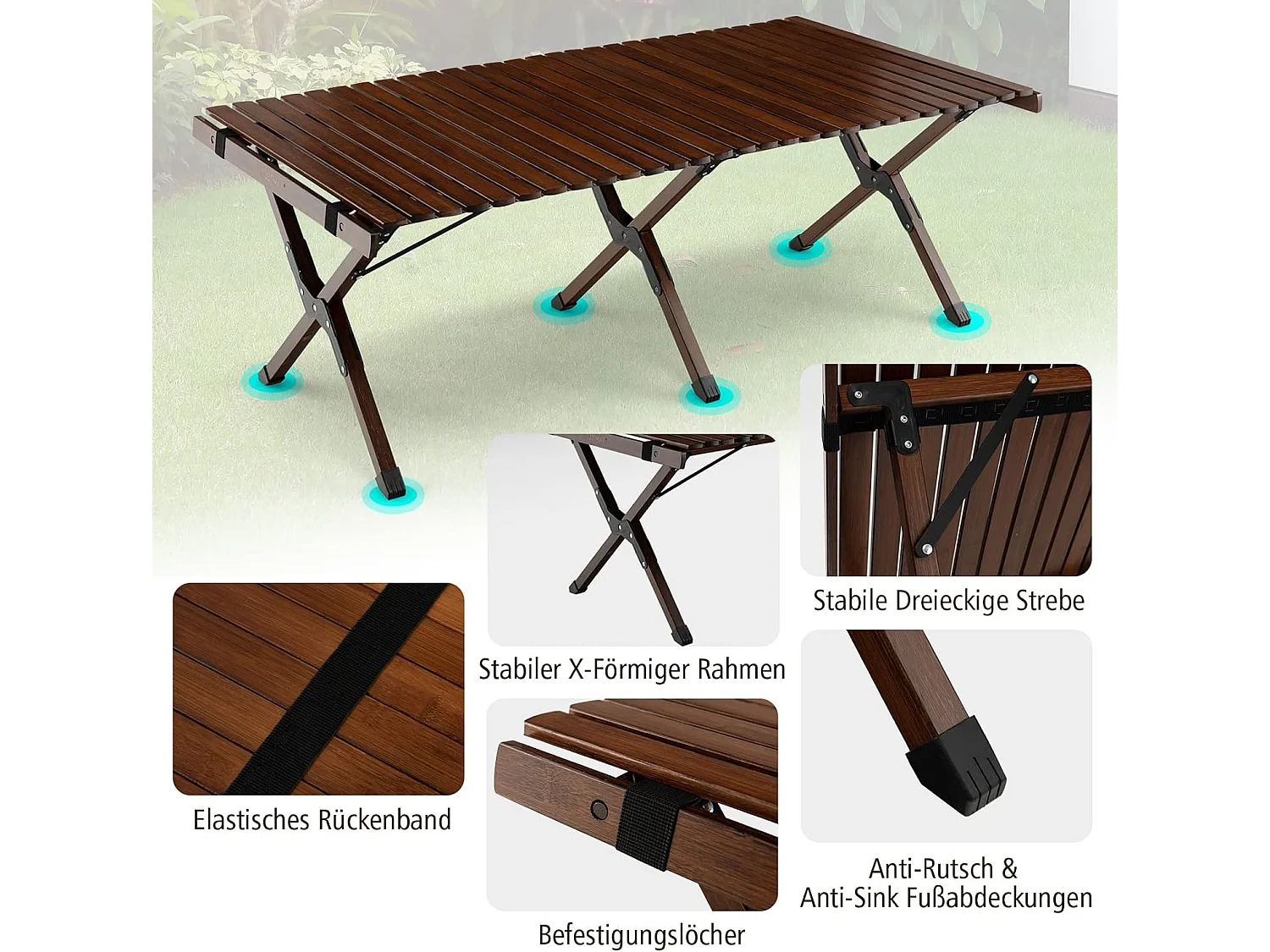 Oprolbare campingtafel van bamboe, inklapbare picknicktafel met draagtas, draagbare klaptafel voor camping, barbecue, picknick, tuin (koffie) ZB32909O