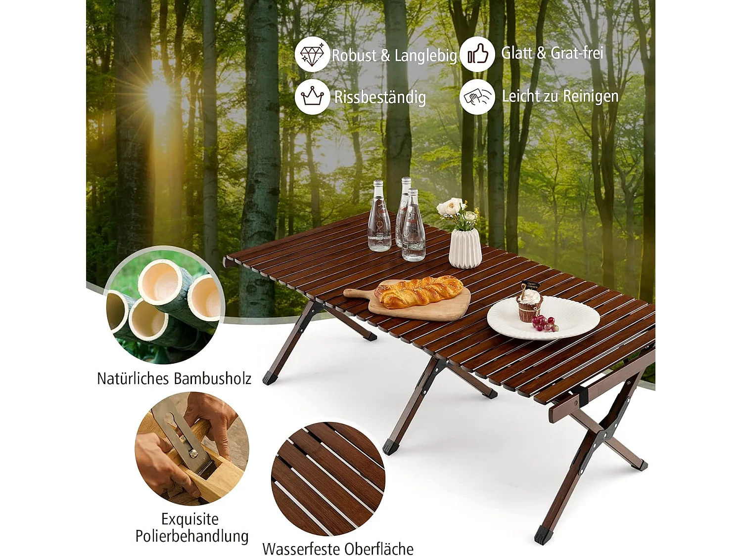 Oprolbare campingtafel van bamboe, inklapbare picknicktafel met draagtas, draagbare klaptafel voor camping, barbecue, picknick, tuin (koffie) ZB32909O