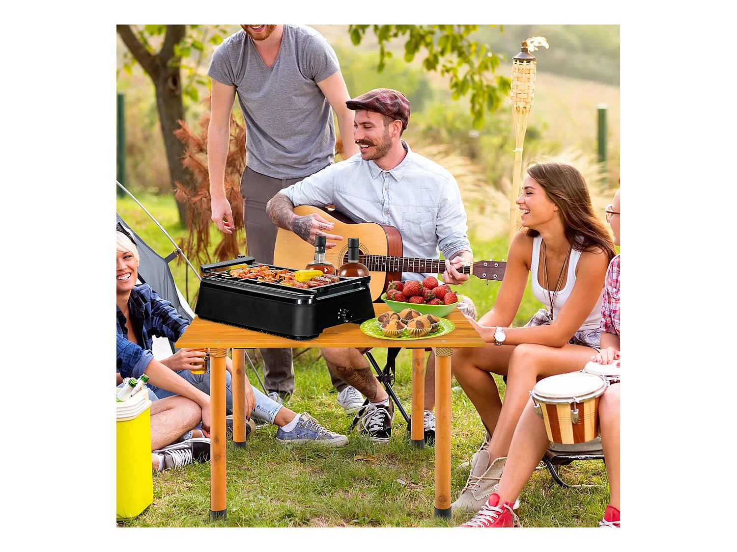 Campingtafel, oprolbare picknicktafel van hout, draagbare multifunctionele outdoortafel met draagtas voor strand, picknicks, vissen en feesten, 69 x 69 x 42 cm