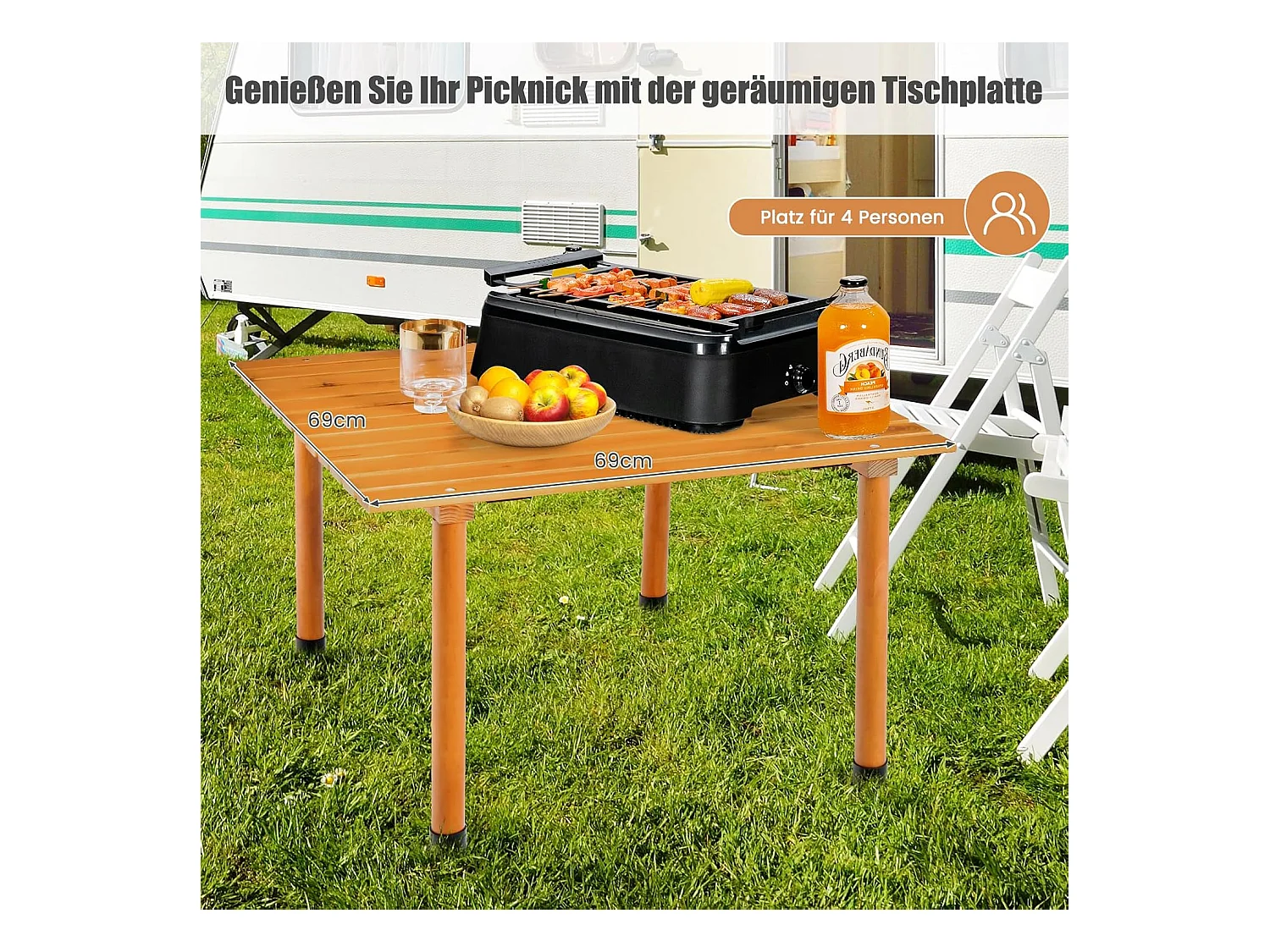 Campingtafel, oprolbare picknicktafel van hout, draagbare multifunctionele outdoortafel met draagtas voor strand, picknicks, vissen en feesten, 69 x 69 x 42 cm