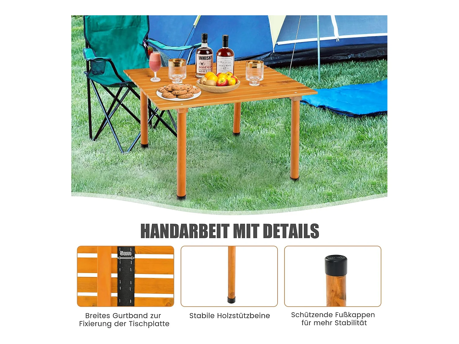 Campingtafel, oprolbare picknicktafel van hout, draagbare multifunctionele outdoortafel met draagtas voor strand, picknicks, vissen en feesten, 69 x 69 x 42 cm