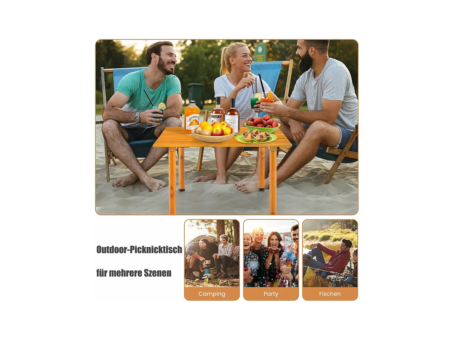 Campingtafel, oprolbare picknicktafel van hout, draagbare multifunctionele outdoortafel met draagtas voor strand, picknicks, vissen en feesten, 69 x 69 x 42 cm