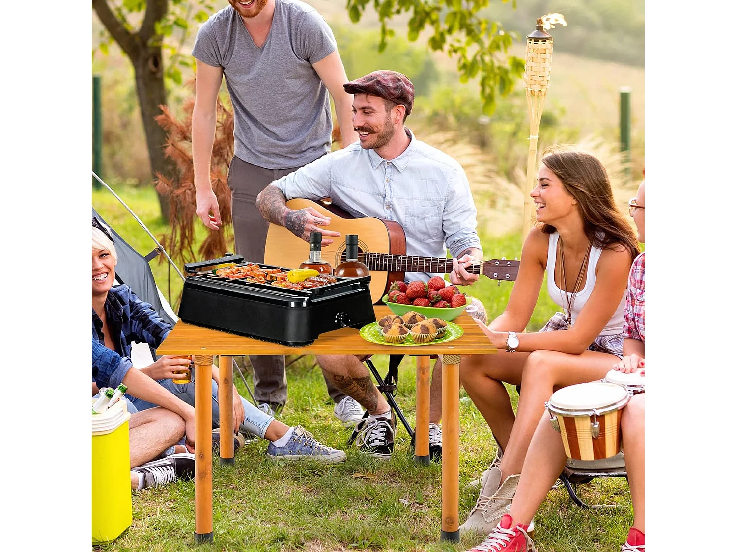 Campingtafel, oprolbare picknicktafel van hout, draagbare multifunctionele outdoortafel met draagtas voor strand, picknicks, vissen en feesten, 69 x 69 x 42 cm