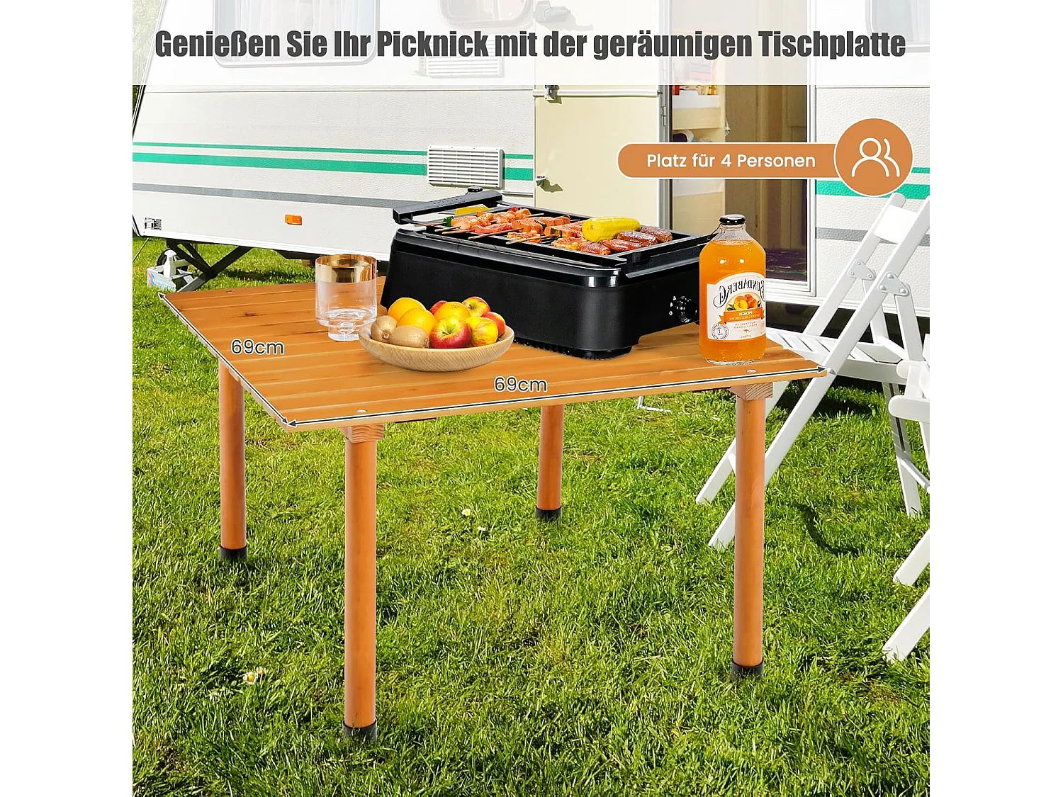 Campingtafel, oprolbare picknicktafel van hout, draagbare multifunctionele outdoortafel met draagtas voor strand, picknicks, vissen en feesten, 69 x 69 x 42 cm