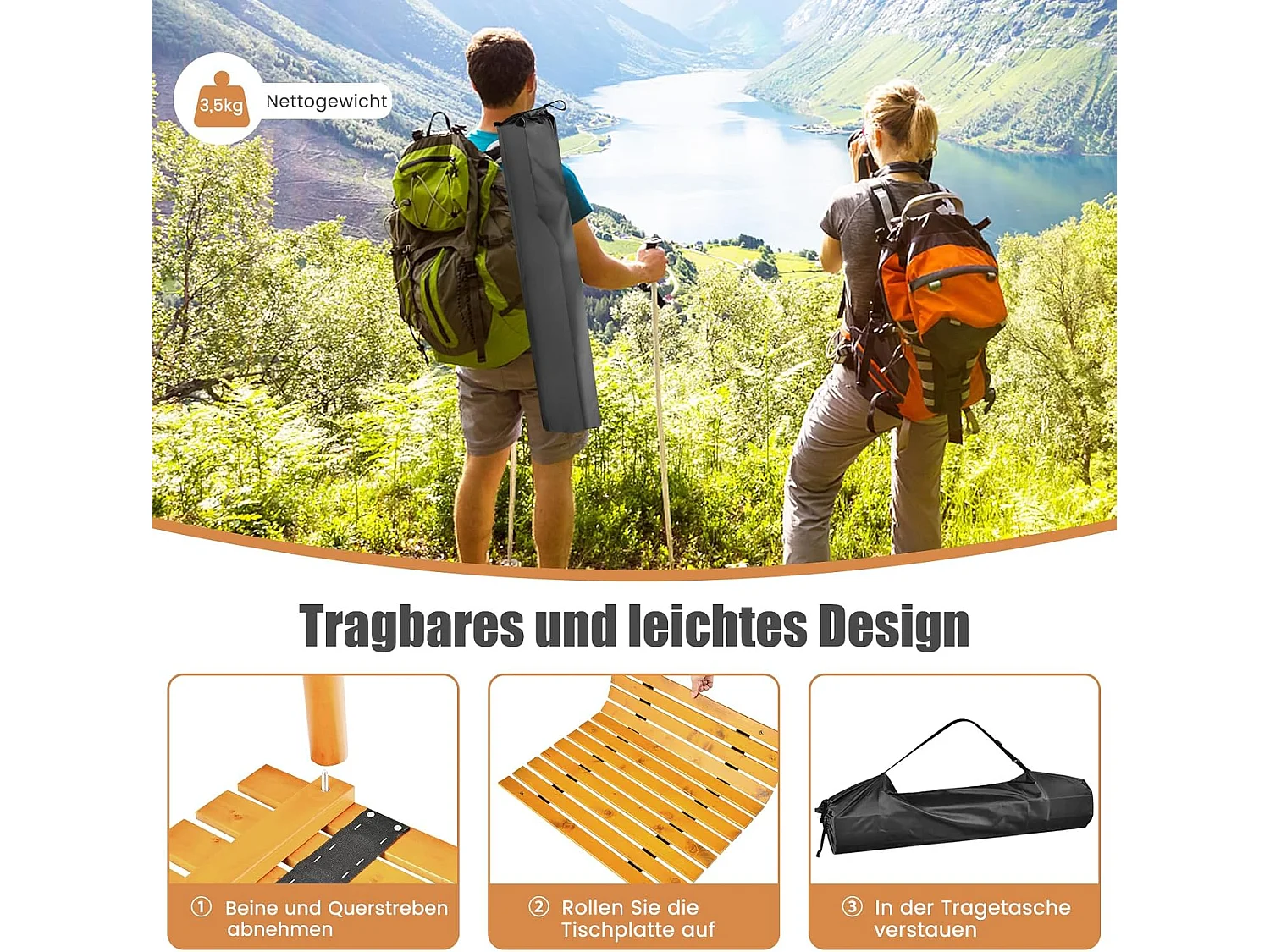 Campingtafel, oprolbare picknicktafel van hout, draagbare multifunctionele outdoortafel met draagtas voor strand, picknicks, vissen en feesten, 69 x 69 x 42 cm