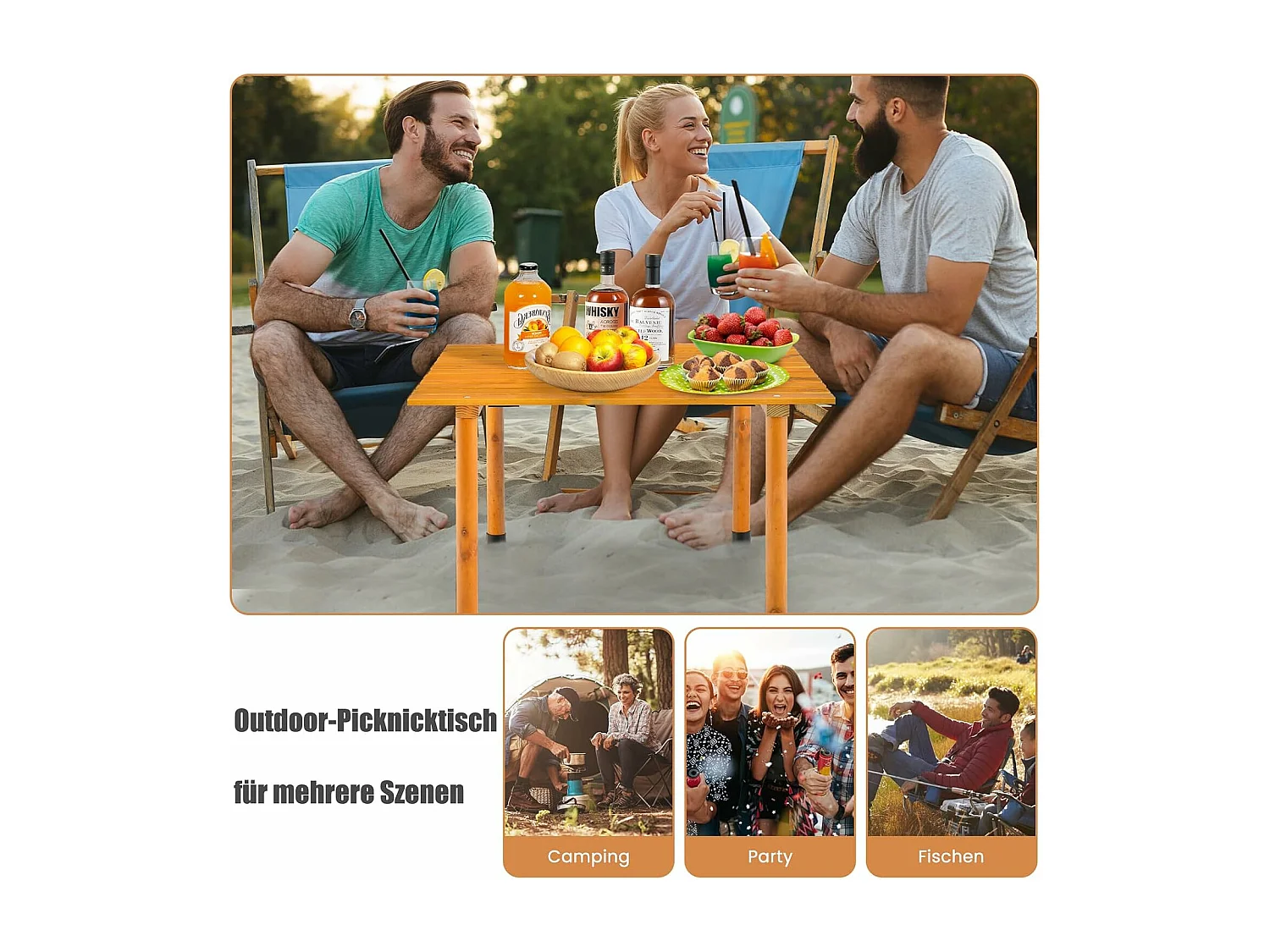 Campingtafel, oprolbare picknicktafel van hout, draagbare multifunctionele outdoortafel met draagtas voor strand, picknicks, vissen en feesten, 69 x 69 x 42 cm