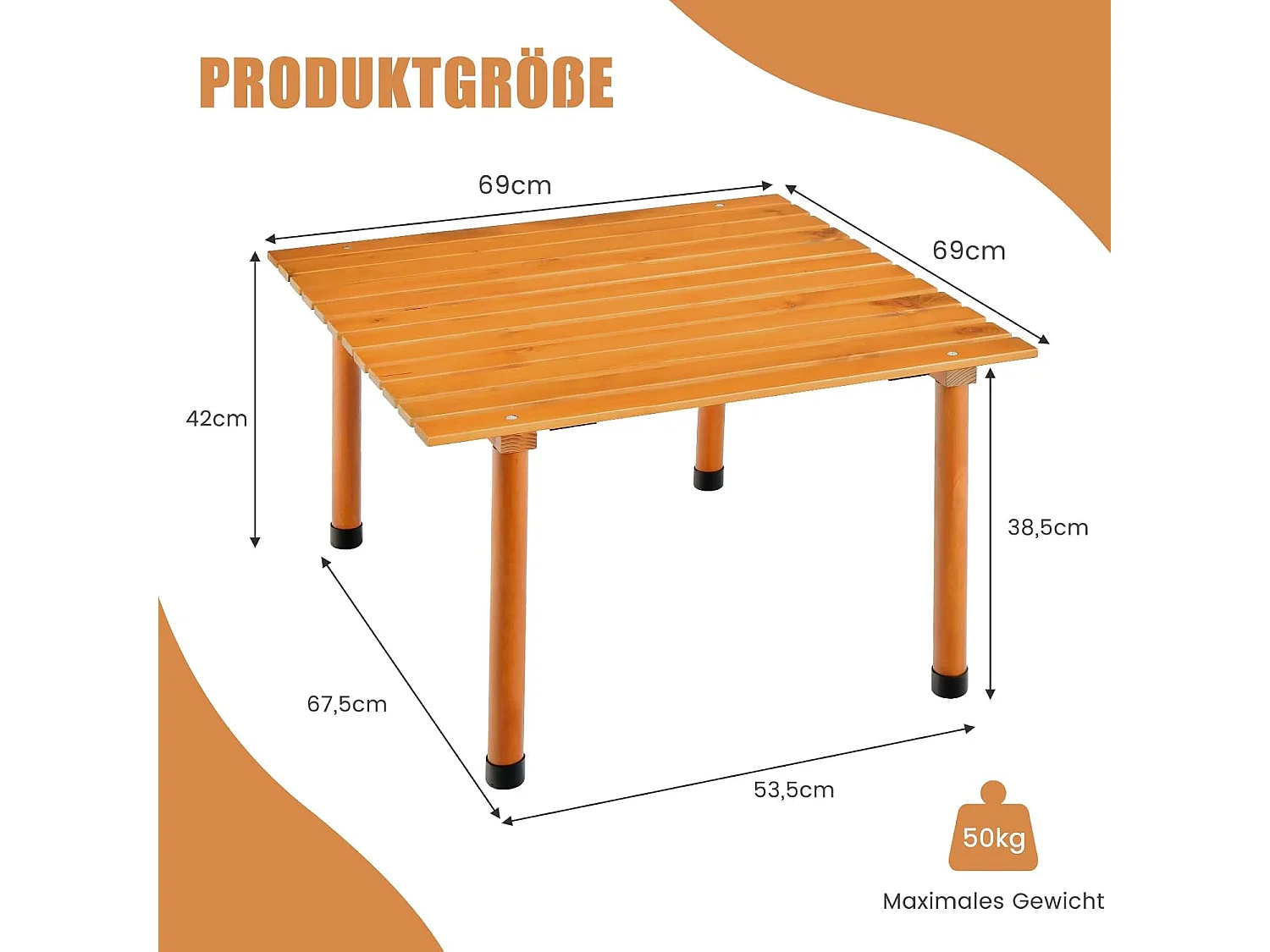 Campingtafel, oprolbare picknicktafel van hout, draagbare multifunctionele outdoortafel met draagtas voor strand, picknicks, vissen en feesten, 69 x 69 x 42 cm