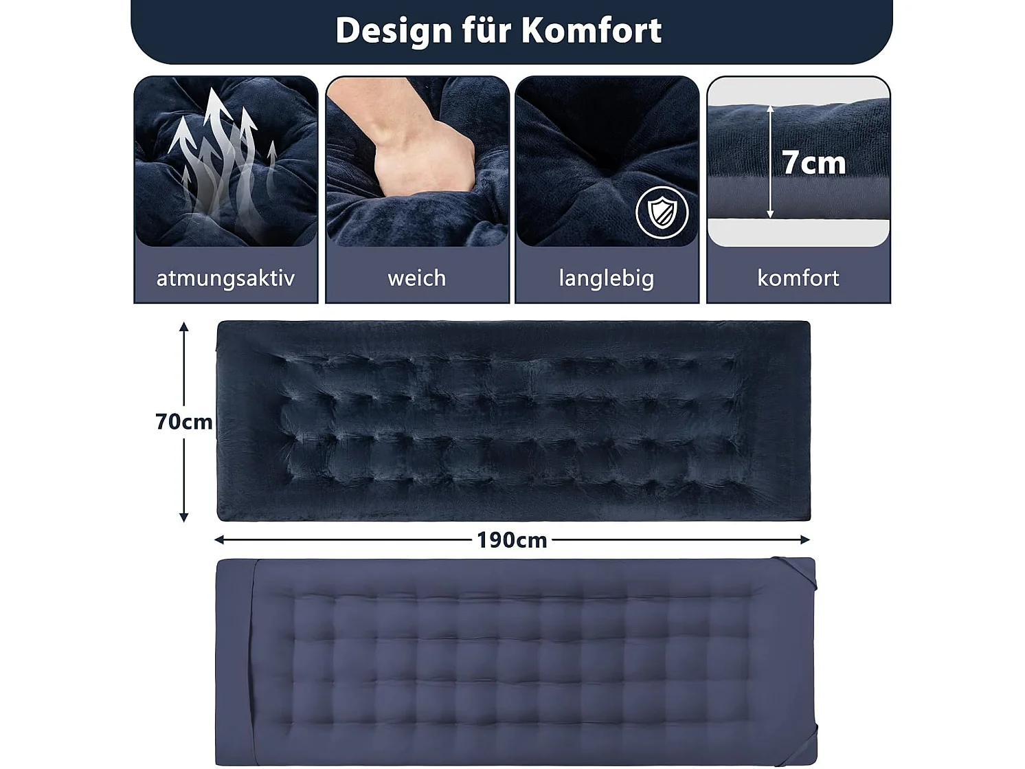 Katoenen veldbedkussen, 7 cm dikke lattenbodem met bevestigingsbanden, multifunctioneel voor campingbed, ligstoel, tuinligstoel, 190 x 70 cm, blauw ZB33542