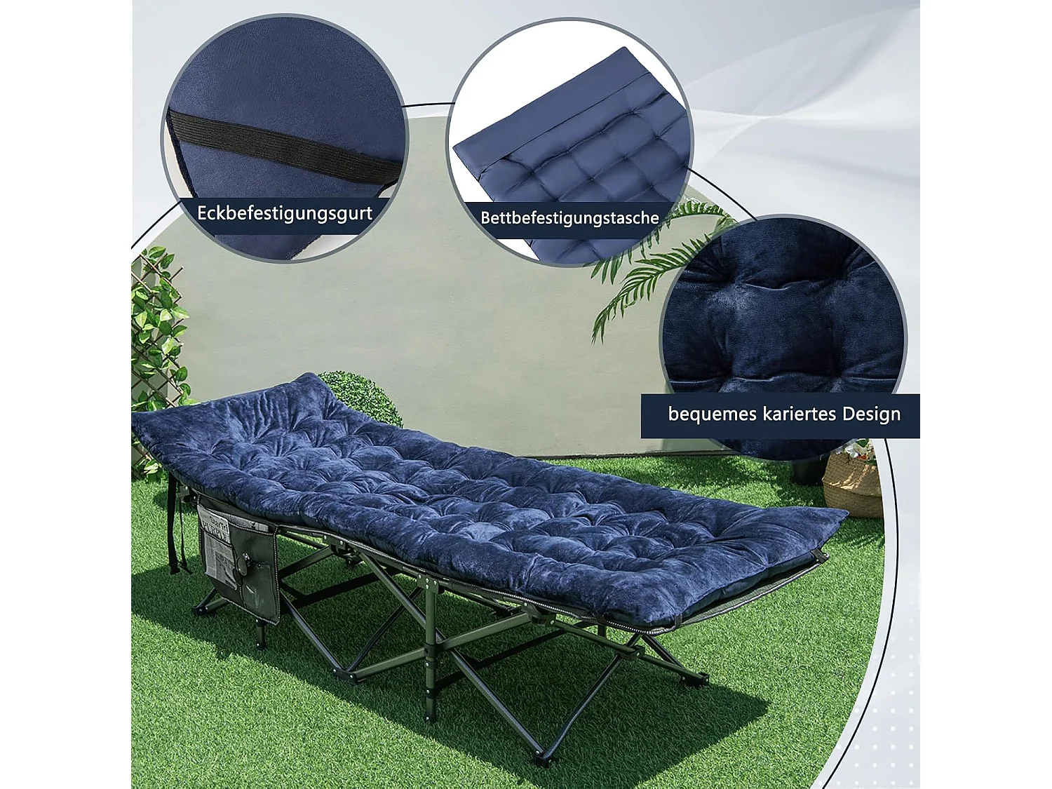 Katoenen veldbedkussen, 7 cm dikke lattenbodem met bevestigingsbanden, multifunctioneel voor campingbed, ligstoel, tuinligstoel, 190 x 70 cm, blauw ZB33542