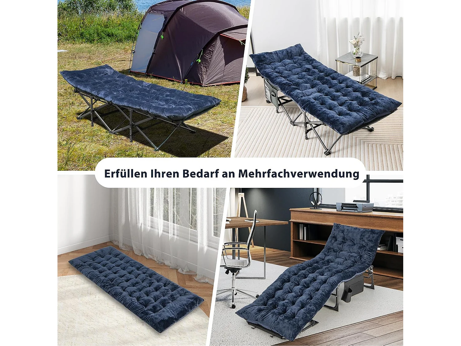 Katoenen veldbedkussen, 7 cm dikke lattenbodem met bevestigingsbanden, multifunctioneel voor campingbed, ligstoel, tuinligstoel, 190 x 70 cm, blauw ZB33542