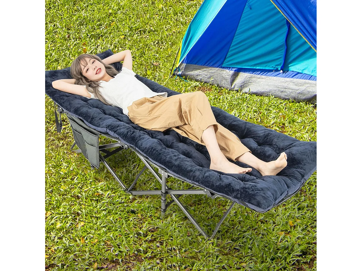 Katoenen veldbedkussen, 7 cm dikke lattenbodem met bevestigingsbanden, multifunctioneel voor campingbed, ligstoel, tuinligstoel, 190 x 70 cm, blauw ZB33542
