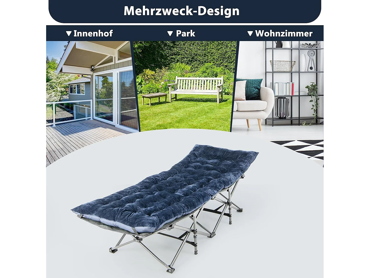 Katoenen veldbedkussen, 7 cm dikke lattenbodem met bevestigingsbanden, multifunctioneel voor campingbed, ligstoel, tuinligstoel, 190 x 70 cm, blauw ZB33542