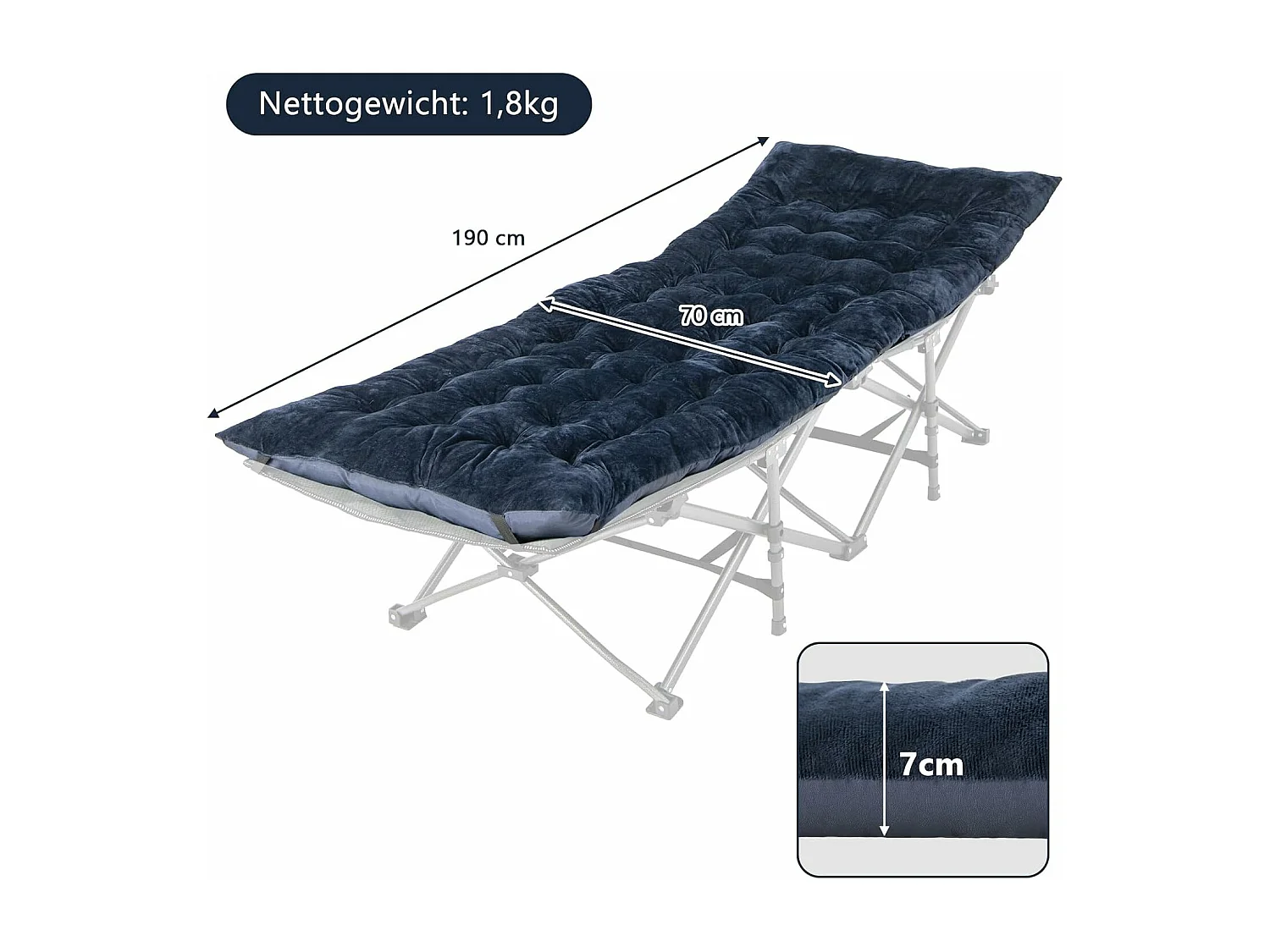 Katoenen veldbedkussen, 7 cm dikke lattenbodem met bevestigingsbanden, multifunctioneel voor campingbed, ligstoel, tuinligstoel, 190 x 70 cm, blauw ZB33542