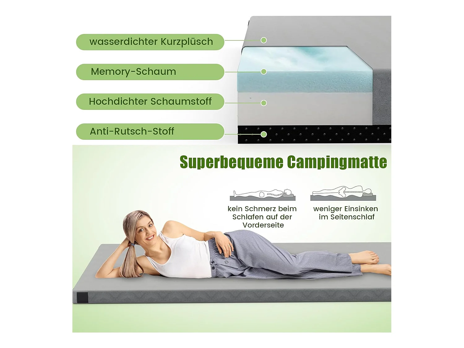 Traagschuim campingmatras, oprolbare campingmat met waterdichte coating, antislip onderkant en draagtas, vloermat, slaapmat, slaapmatras, isomat ZB33038