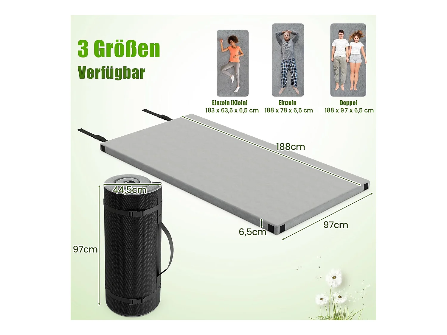 Traagschuim campingmatras, oprolbare campingmat met waterdichte coating, antislip onderkant en draagtas, vloermat, slaapmat, slaapmatras, isomat ZB33038