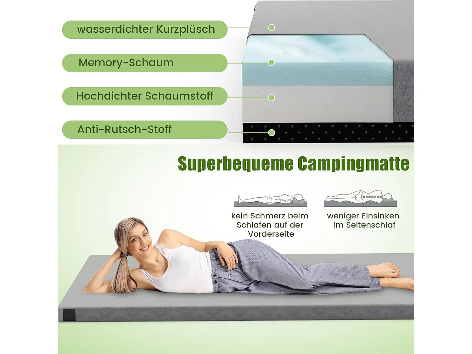 Traagschuim campingmatras, oprolbare campingmat met waterdichte coating, antislip onderkant en draagtas, vloermat, slaapmat, slaapmatras, isomat ZB33038