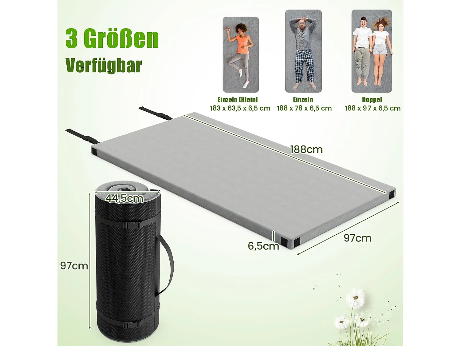 Traagschuim campingmatras, oprolbare campingmat met waterdichte coating, antislip onderkant en draagtas, vloermat, slaapmat, slaapmatras, isomat ZB33038