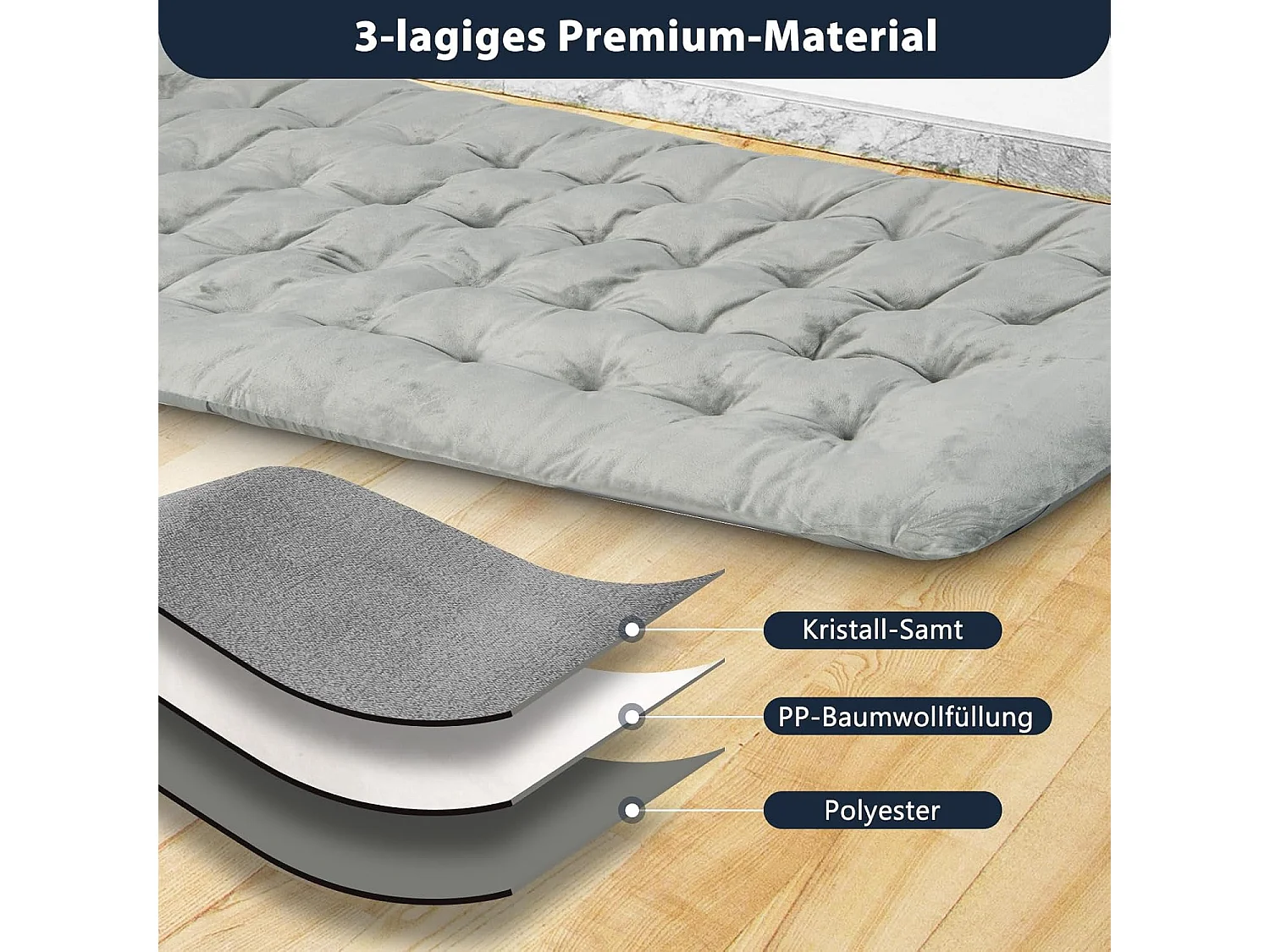 Katoenen veldbedkussen, 7 cm dikke lattenbodem met bevestigingsbanden, multifunctioneel voor campingbed, ligstoel, tuinligstoel, 190 x 70 cm, grijsZB33542