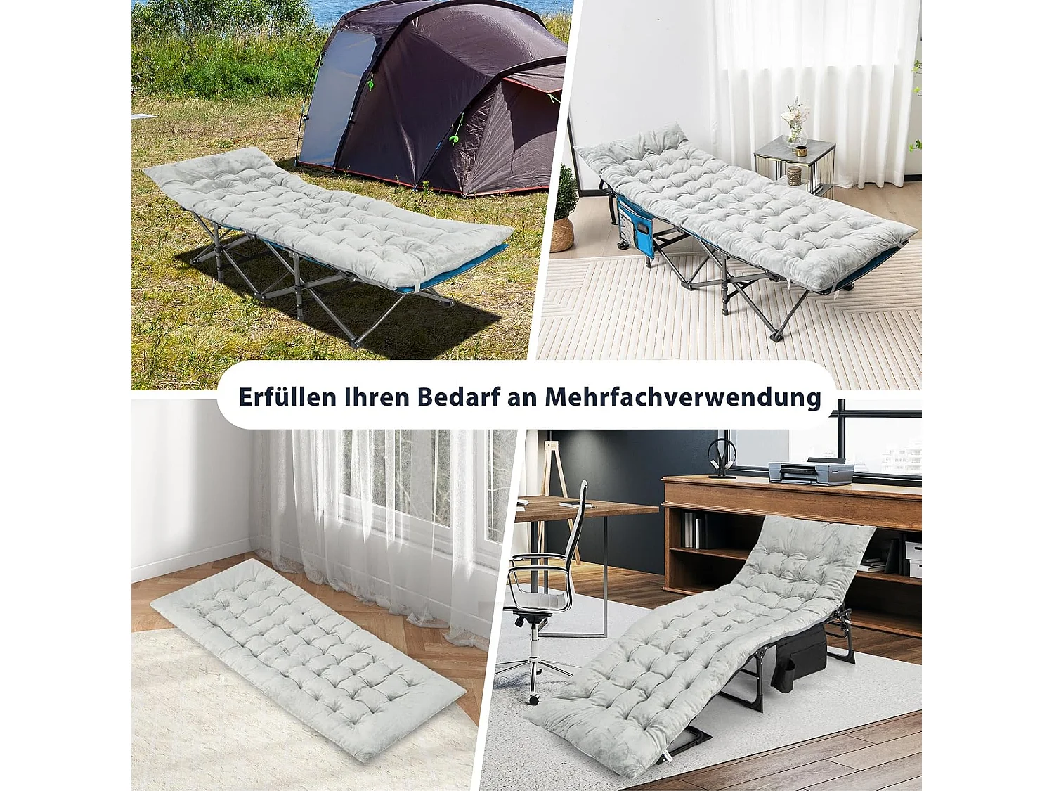 Katoenen veldbedkussen, 7 cm dikke lattenbodem met bevestigingsbanden, multifunctioneel voor campingbed, ligstoel, tuinligstoel, 190 x 70 cm, grijsZB33542