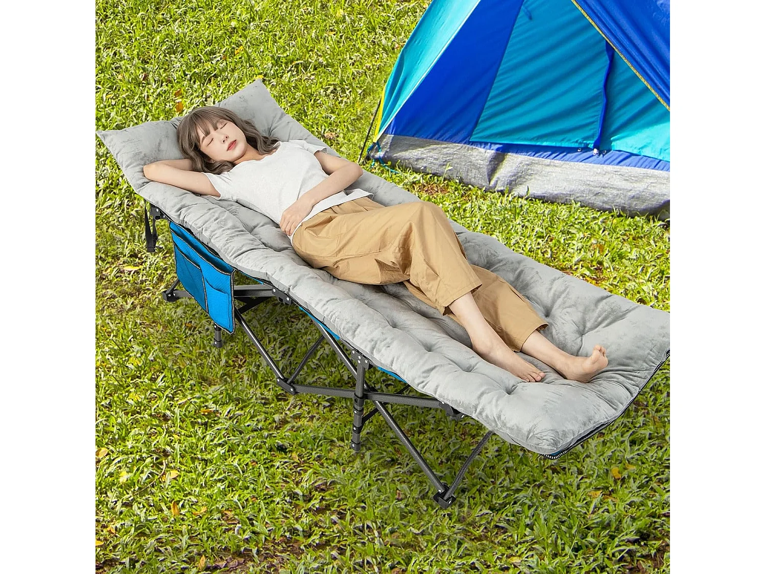 Katoenen veldbedkussen, 7 cm dikke lattenbodem met bevestigingsbanden, multifunctioneel voor campingbed, ligstoel, tuinligstoel, 190 x 70 cm, grijsZB33542