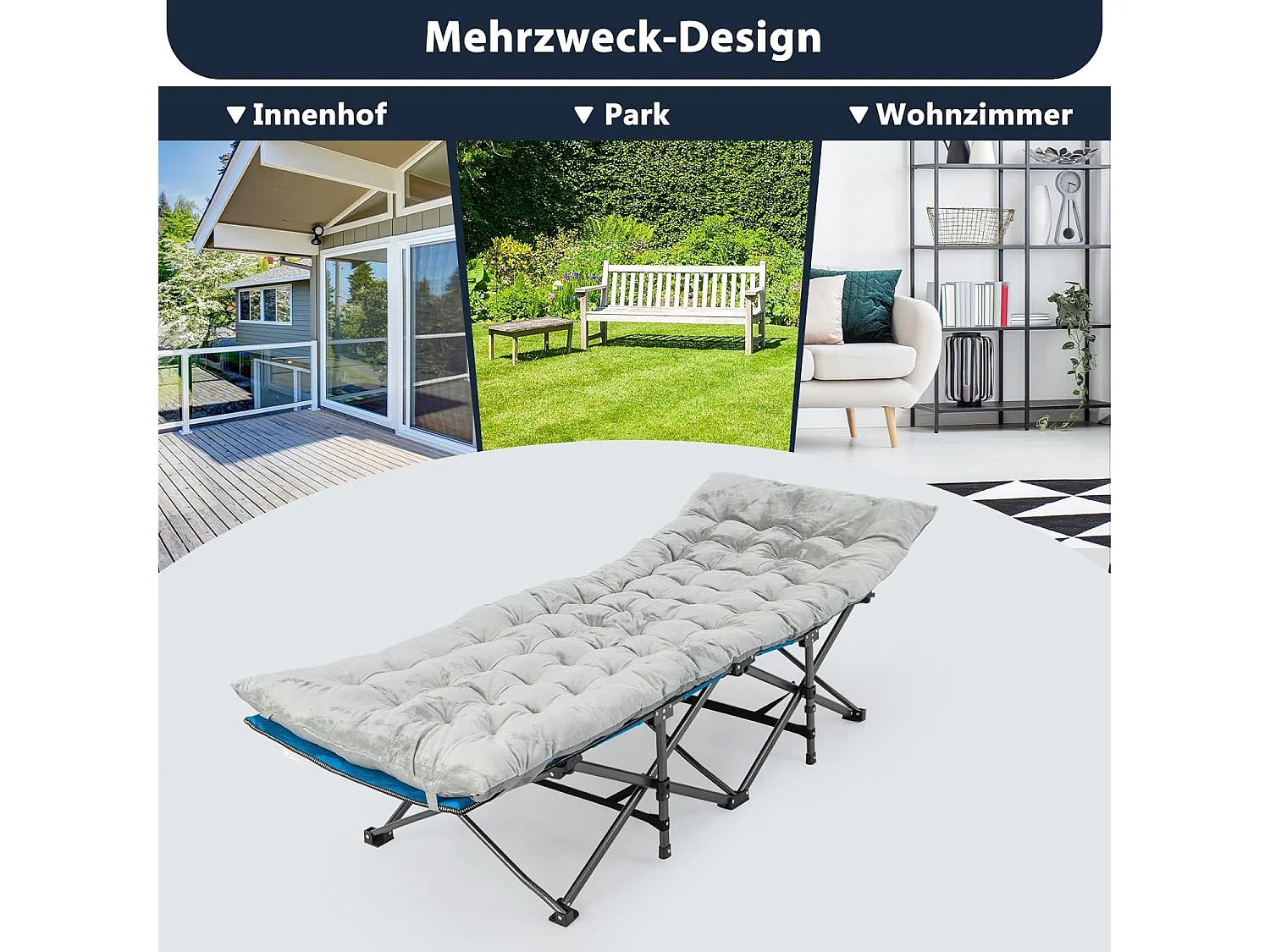 Katoenen veldbedkussen, 7 cm dikke lattenbodem met bevestigingsbanden, multifunctioneel voor campingbed, ligstoel, tuinligstoel, 190 x 70 cm, grijsZB33542