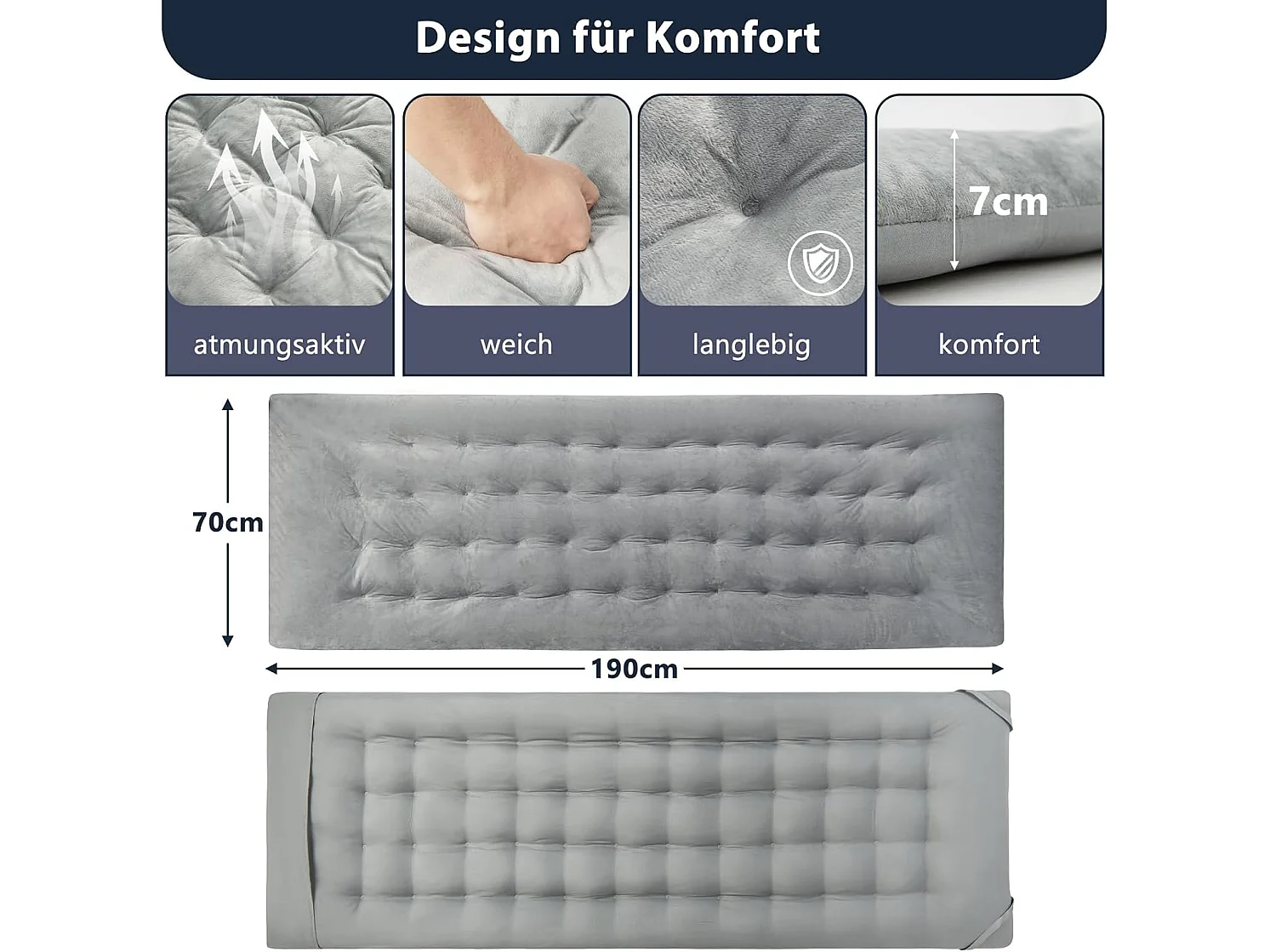 Katoenen veldbedkussen, 7 cm dikke lattenbodem met bevestigingsbanden, multifunctioneel voor campingbed, ligstoel, tuinligstoel, 190 x 70 cm, grijsZB33542