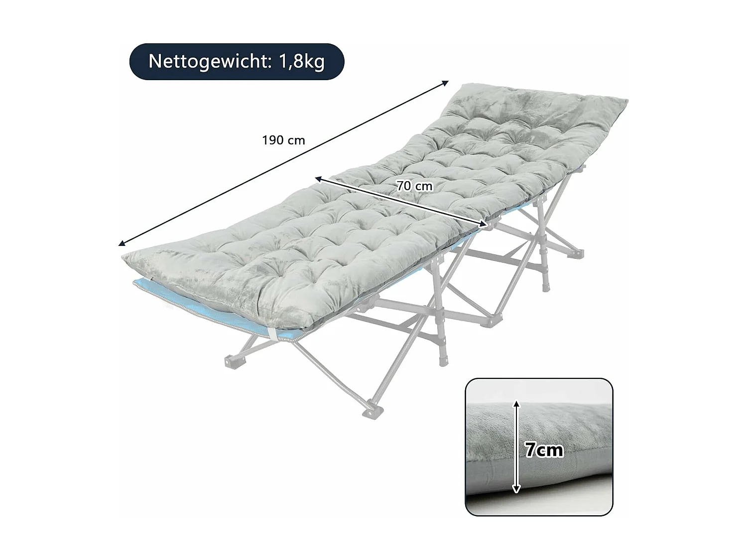 Katoenen veldbedkussen, 7 cm dikke lattenbodem met bevestigingsbanden, multifunctioneel voor campingbed, ligstoel, tuinligstoel, 190 x 70 cm, grijsZB33542