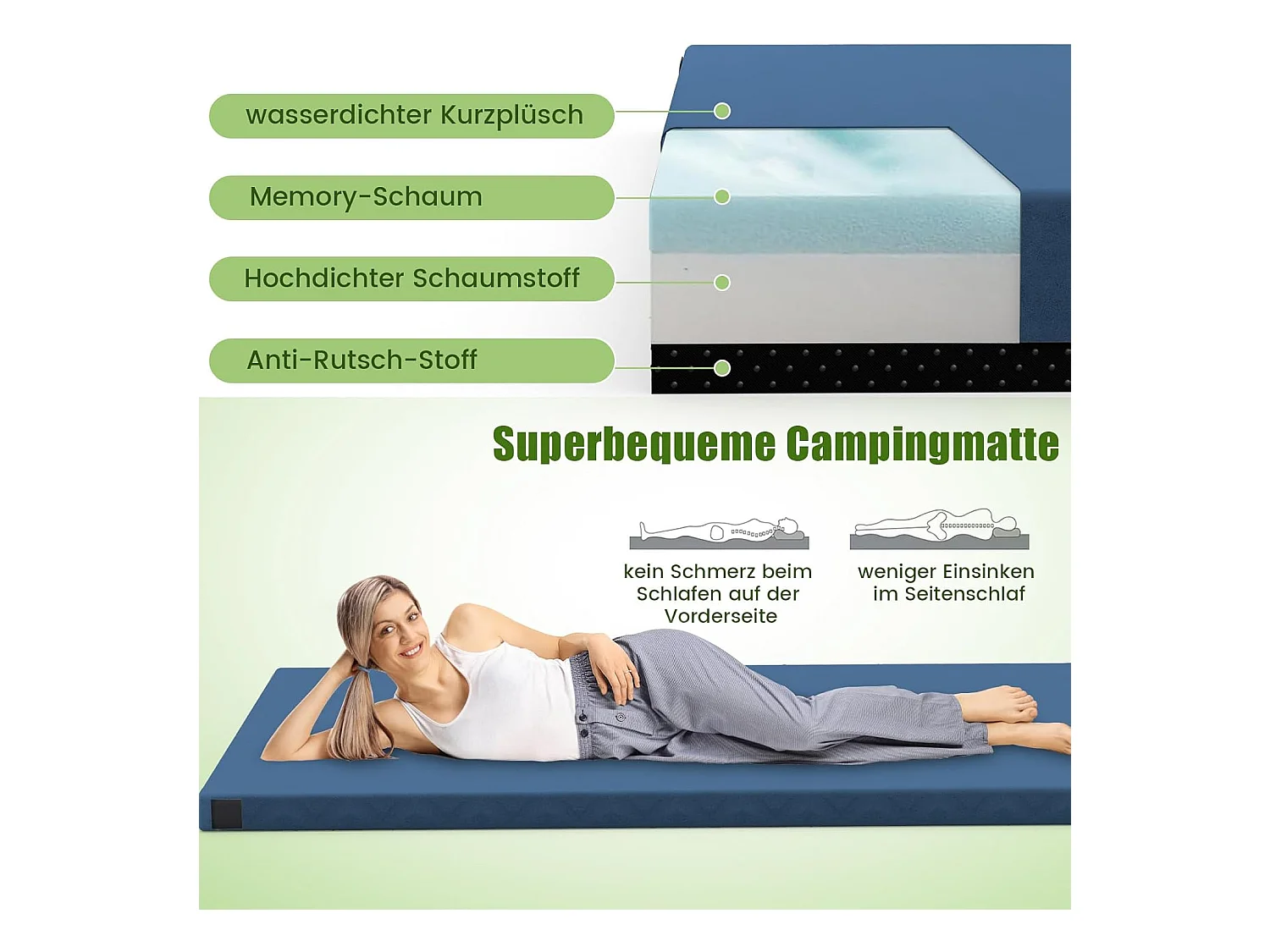 Traagschuim campingmatras, oprolbare campingmat met waterdichte coating, antislip onderkant en draagtas, vloermat, slaapmat, slaapmatras, isomat ZB33038