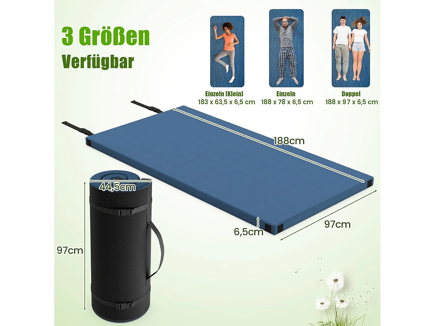 Traagschuim campingmatras, oprolbare campingmat met waterdichte coating, antislip onderkant en draagtas, vloermat, slaapmat, slaapmatras, isomat ZB33038