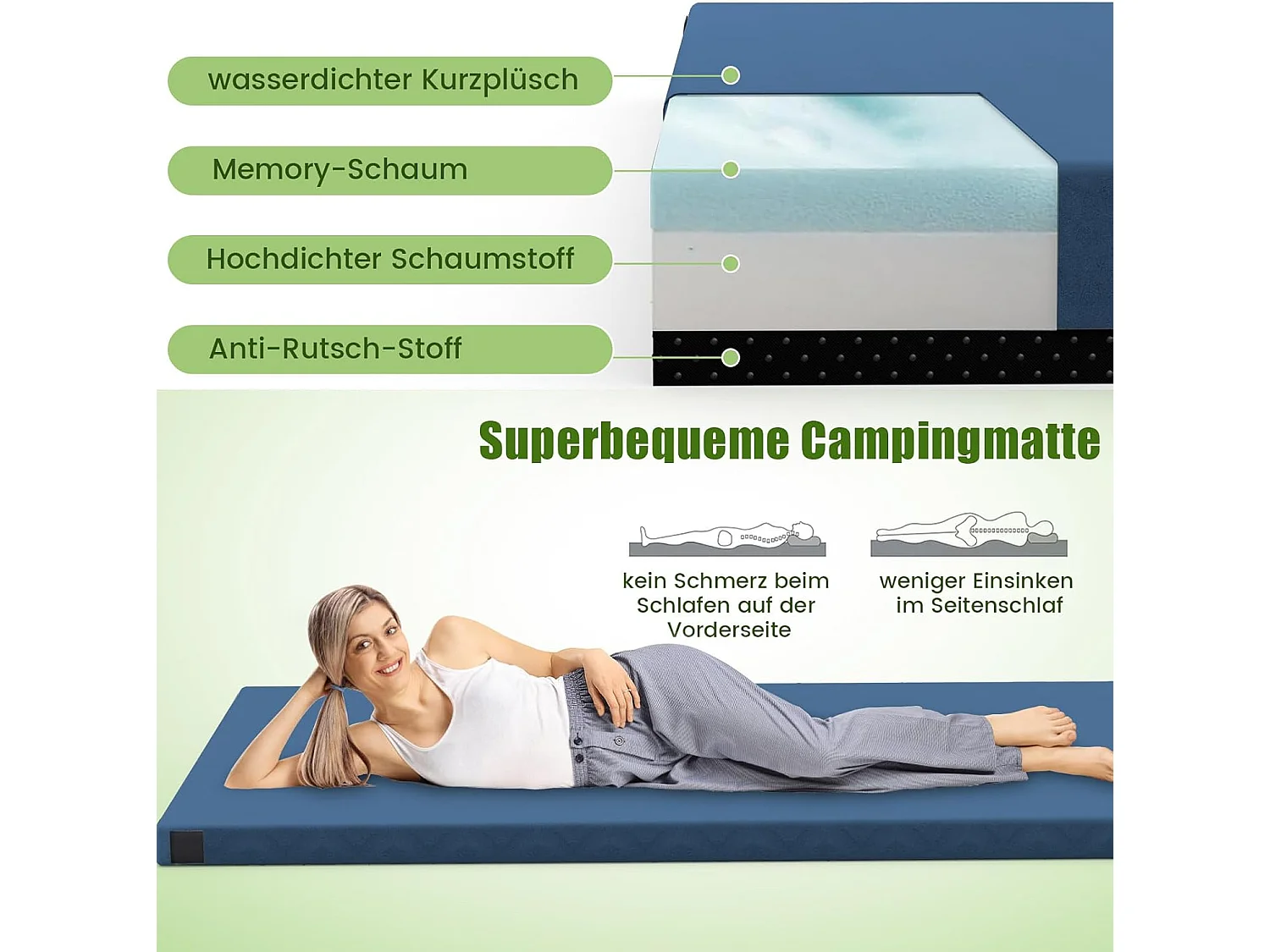 Traagschuim campingmatras, oprolbare campingmat met waterdichte coating, antislip onderkant en draagtas, vloermat, slaapmat, slaapmatras, isomat ZB33038