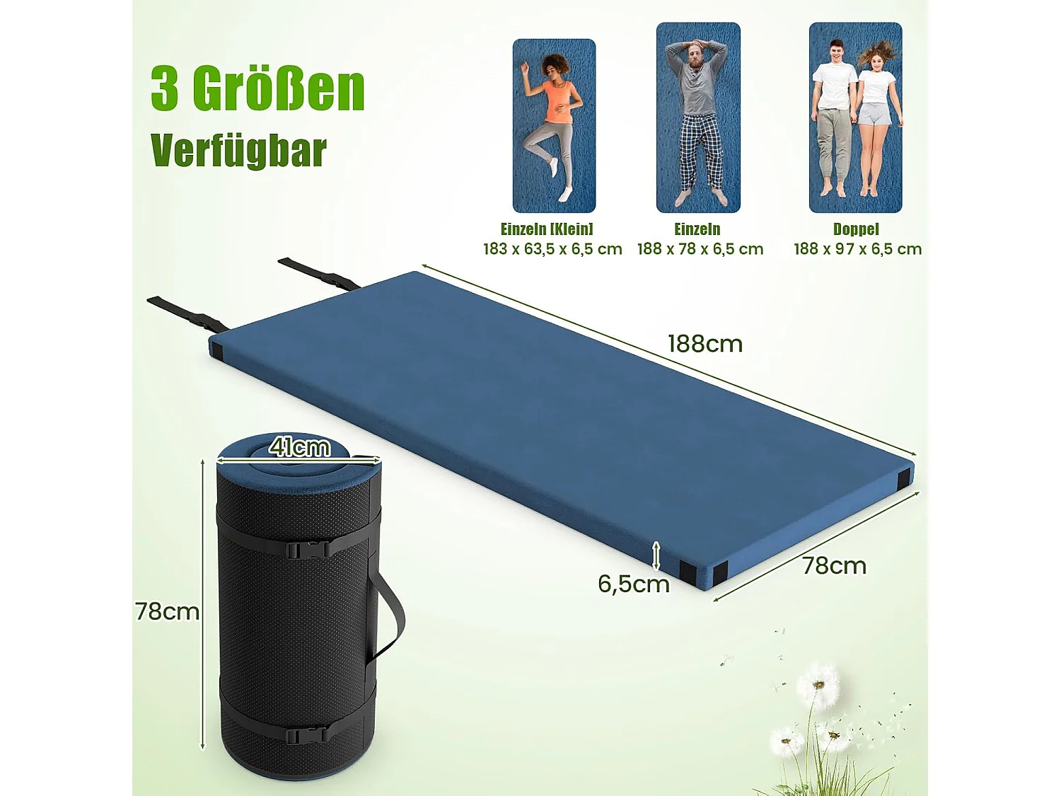 Traagschuim campingmatras, oprolbare campingmat met waterdichte coating, antislip onderkant en draagtas, vloermat, slaapmat, slaapmatras, isomat ZB33037