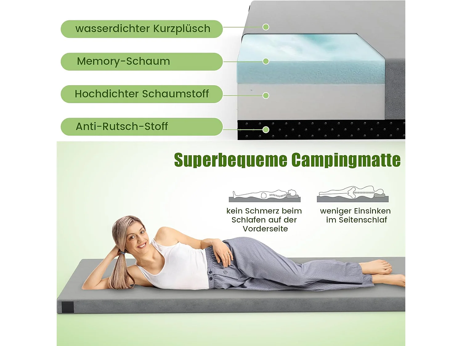 Traagschuim campingmatras, oprolbare campingmat met waterdichte coating, antislip onderkant en draagtas, vloermat, slaapmat, slaapmatras, isomat ZB33037