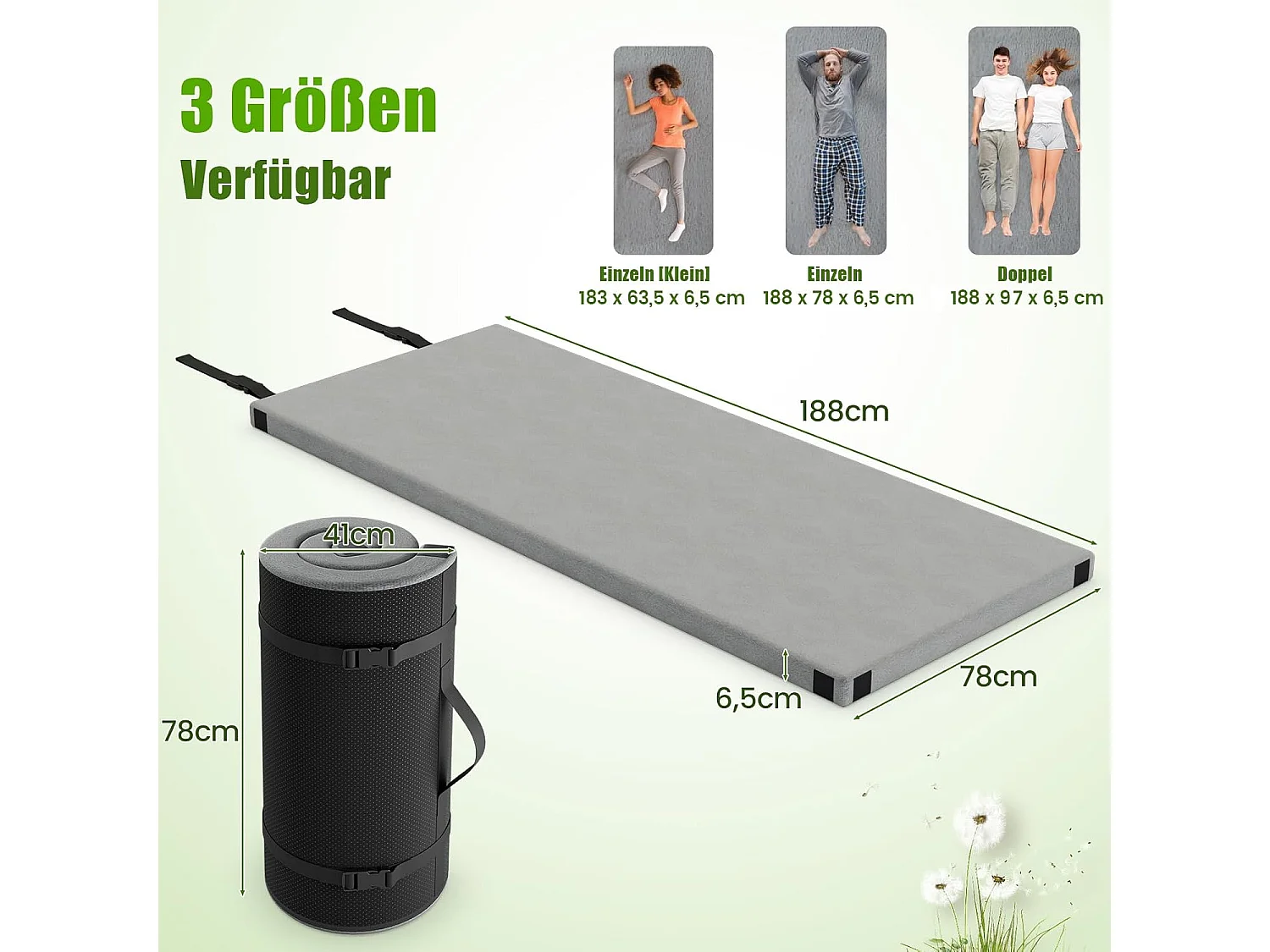 Traagschuim campingmatras, oprolbare campingmat met waterdichte coating, antislip onderkant en draagtas, vloermat, slaapmat, slaapmatras, isomat ZB33037